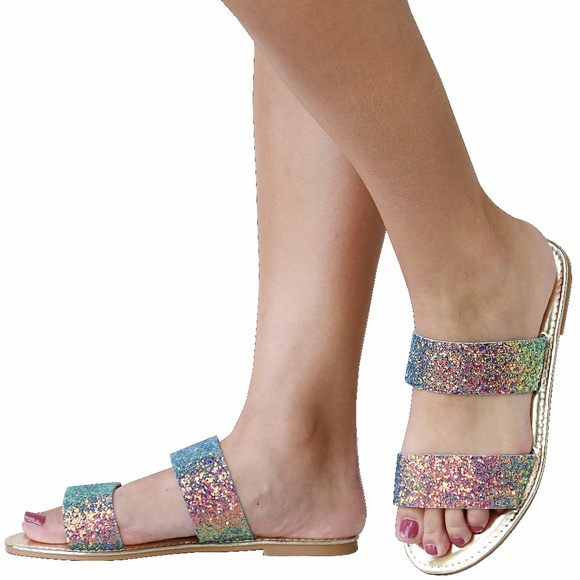 Unicorn Rainbow Glitter Two Band Slides Sandals - Picture 2 of 3